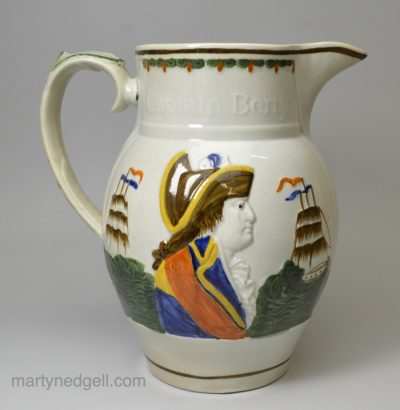 Prattware pottery jug moulded with Admiral Nelson and Captain Berry, circa 1800