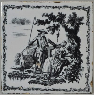 Liverpool Delft tile decorated with a Sadler print, signed, circa 1760