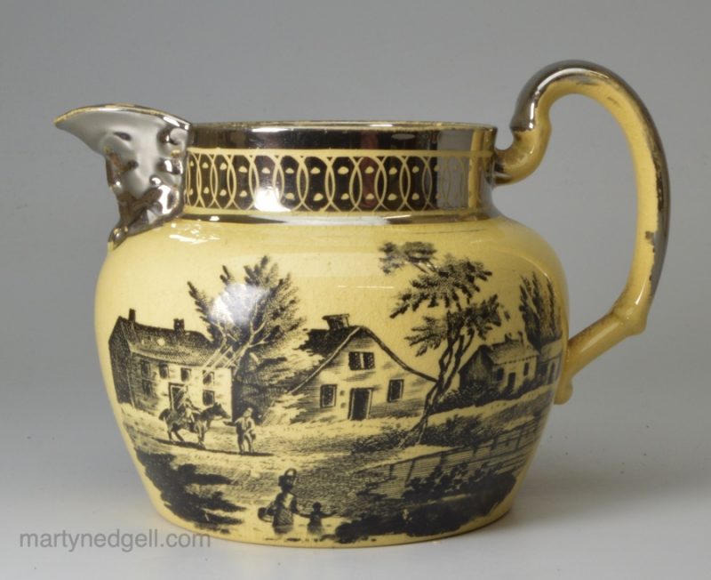 Pearlware pottery jug decorated with buff slip, bat prints and silver lustre, circa 1830