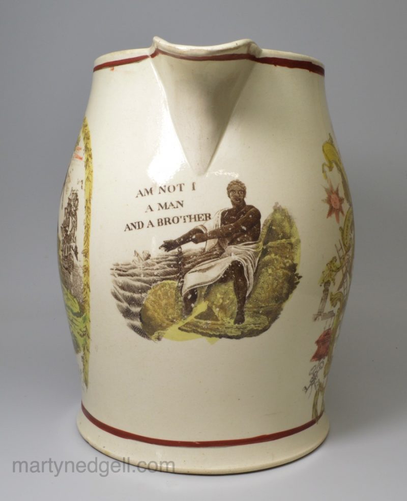 Large creamware anti slavery jug, circa 1800