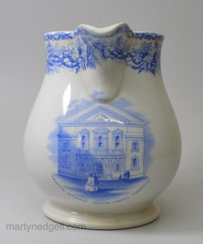 Davenport pearlware jug printed with 'PRIMITIVE METHODIST JUBILEE CHAPEL TUNSTALL', circa 1860