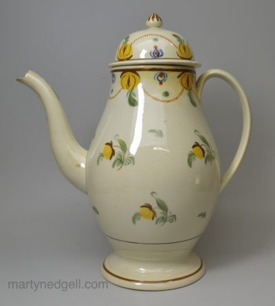 Large Prattware pottery coffee pot, circa 1820