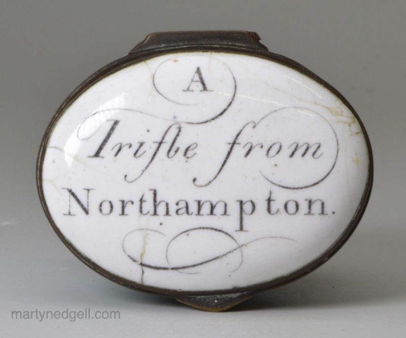 Bilston enamel patch box 'A Trifle from Northampton', circa 1780