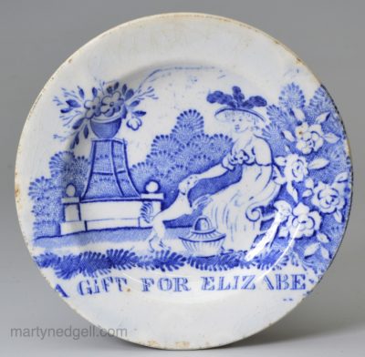 Small pearlware pottery childs plate 'A GIFT FOR ELIZABE', circa 1820