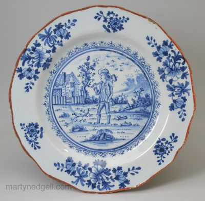 Liverpool delft dated plate painted with a gardener or carpenter, AIR 1779