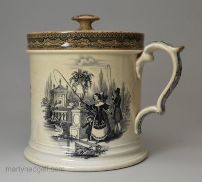 Unusual pearlware pottery covered mug, circa 1840