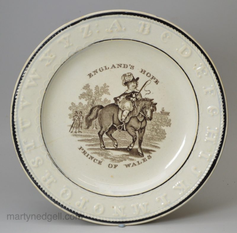 Pearlware pottery child's alphabet plate commemorating Edward Price of Wales, circa 1845