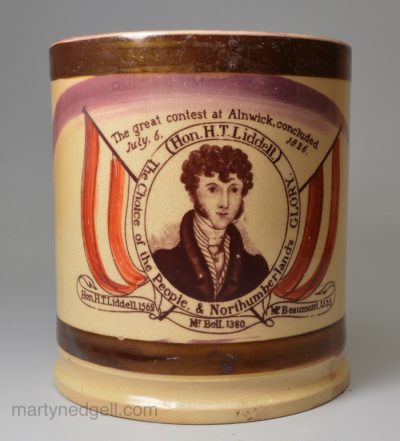 Drabware pottery Alnwick electioneering mug, circa 1826, Sunderland pottery