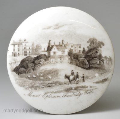 Porcelain pot lid printed with a view of Mount Ephraim Tunbridge Wells, circa 1850