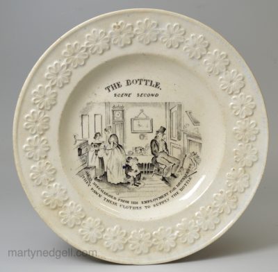 Pearlware pottery child's plate, second scene from THE BOTTLE, circa 1840
