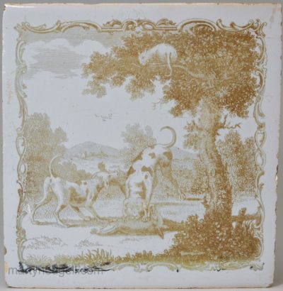 Liverpool Delft tile decorated with an Æsop's fable Sadler print, The Cat and the Fox , circa 1770