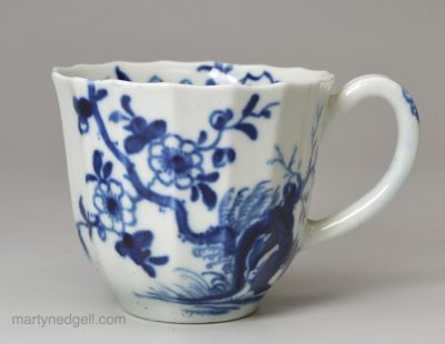 Worcester porcelain fluted coffee cup painted with the Prunus Root pattern, circa 1765