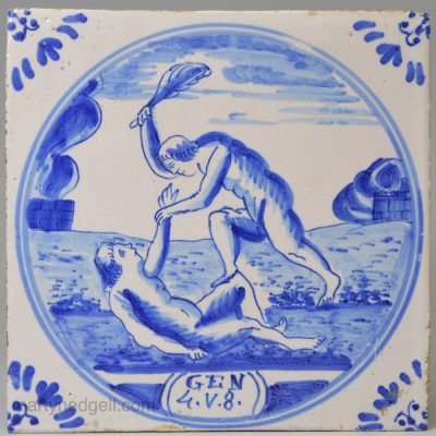 Dutch Delft biblical tile 'Cain & Able', circa 1820