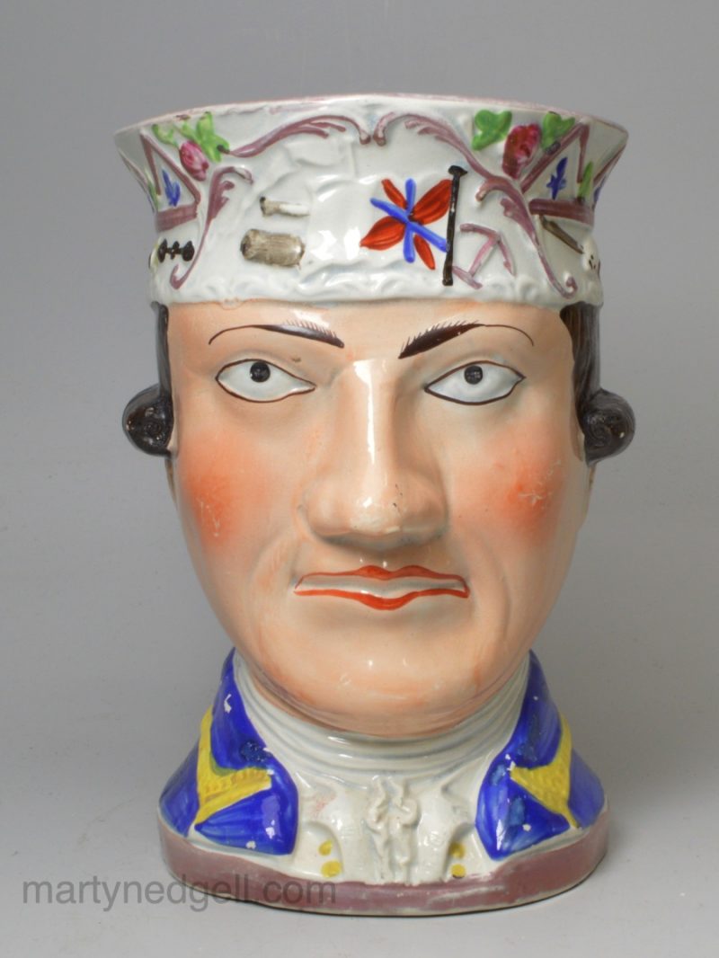 Pearlware pottery commemorative face mug of Admiral Rodney, circa 1800