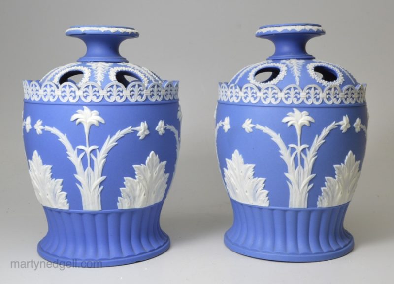 Pair of solid jasper ware pot pourri, Staffordshire, circa 1790