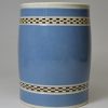 Pearlware pottery mug with light blue slip decoration and inlaid brown checker, circa 1800