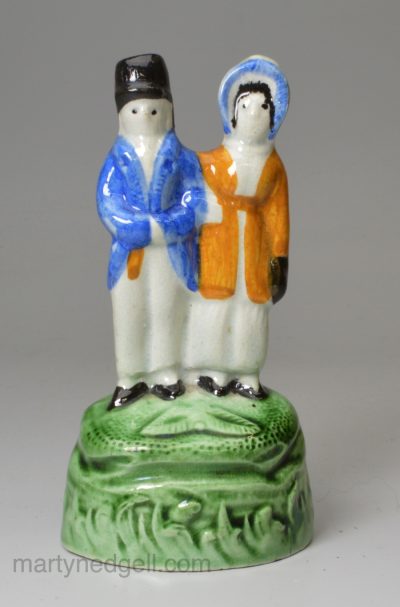 Small prattware pottery Dandies group, circa 1800
