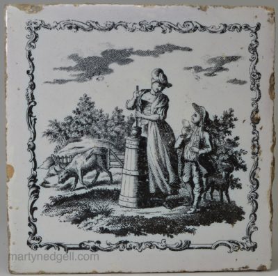 Liverpool Delft tile decorated with a Sadler print of a woman churning milk, circa 1765