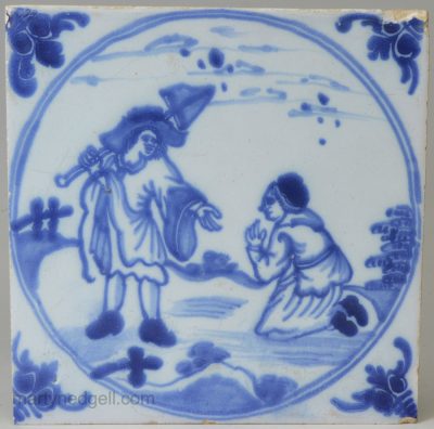 London delft biblical tile 'Christ risen appears before Mary Magdalene as a gardener', circa 1760