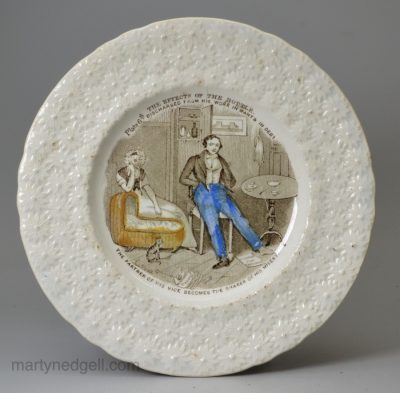 Pearlware pottery child's plate printed with the sixth scene from 'THE BOTTLE', circa 1840