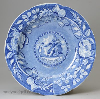 Pearlware pottery bowl transfer printed with George III giving the bible to a poor child, circa 1820