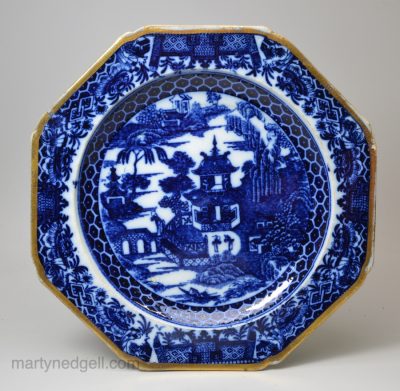 Pearlware pottery plate decorated with a dark blue transfer print under the glaze, circa 1790