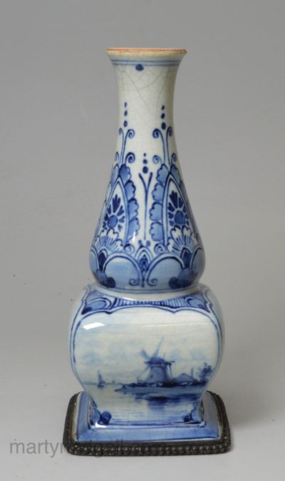 Small Dutch Delft bud vase with applied metal base, circa 1880