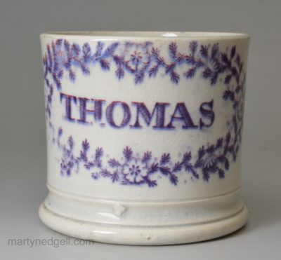 Pearlware pottery child's mug 'THOMAS', circa 1830