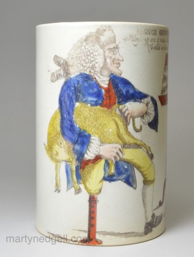 Pearlware pottery mug printed with Signor Gruntinelli, circa 1820