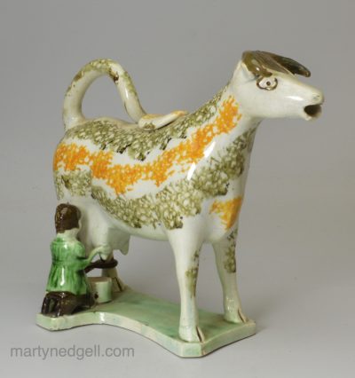 Prattware pottery cow creamer., circa 1820