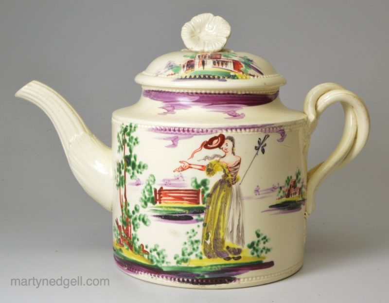 Creamware pottery teapot with enamel decoration, circa 1770