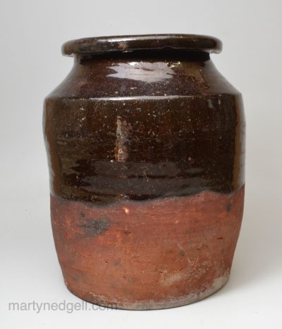 Pottery storage jar covered with dark brown slip, circa 1850, probably Buckley
