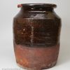 Pottery storage jar covered with dark brown slip, circa 1850, probably Buckley