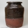 Pottery storage jar covered with dark brown slip, circa 1850, probably Buckley