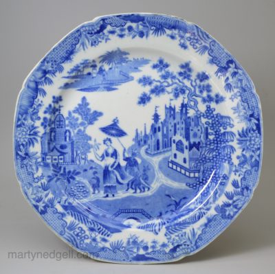 Pearlware pottery plate transfer printed with the Queen of Sheba pattern, circa 1820