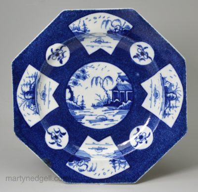Bow porcelain octagonal powder blue plate, circa 1760