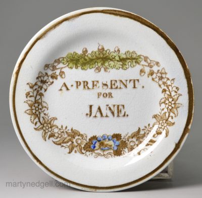 Pearlware pottery Childs plate printed with 'A PRESENT FOR JANE', circa 1820