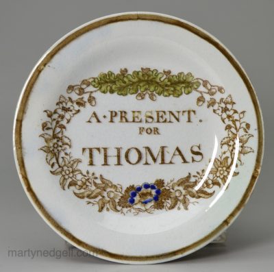 Pearlware pottery Childs plate printed with 'A PRESENT FOR THOMAS', circa 1820