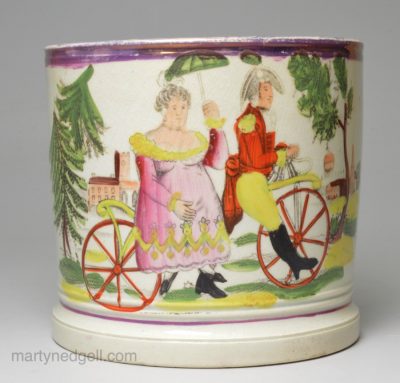 Pearlware pottery mug printed with George IV and Queen Caroline on a trip to Carlton House, circa 1820