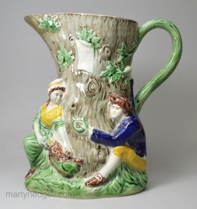 Wood type pearlware Fair Hebe jug decorated with colours under the glaze, circa 1790