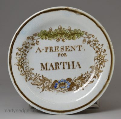 Pearlware pottery Childs plate printed with 'A PRESENT FOR MARTHA', circa 1820