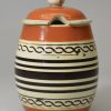 Mochaware pottery mustard pot and cover, circa 1820, ex Jonathan Rickard Collection