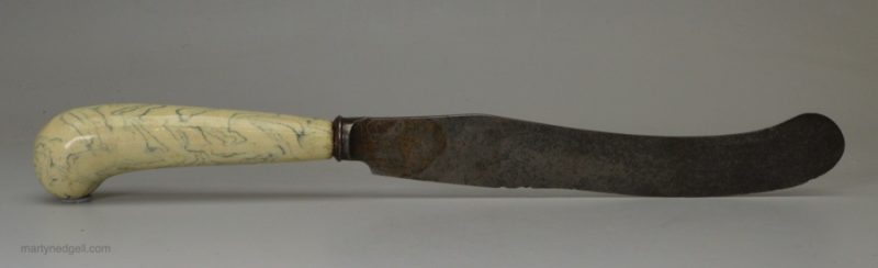 Staffordshire agate ware handle and a steel blade by Madin (Sheffield), circa 1760