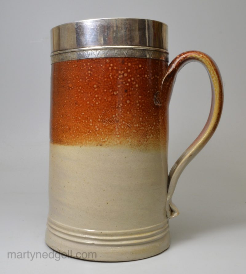 Fulham saltglaze stoneware tankard with silver rim, circa 1720