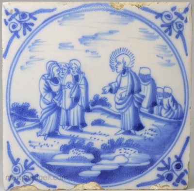 Dutch Delft Biblical tile 'Zebedee's wife and sons asking a favour from Christ, circa 1730, Matthew 20:20