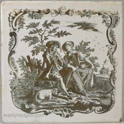 Liverpool delft tile decorated with a Sadler print, circa 1760