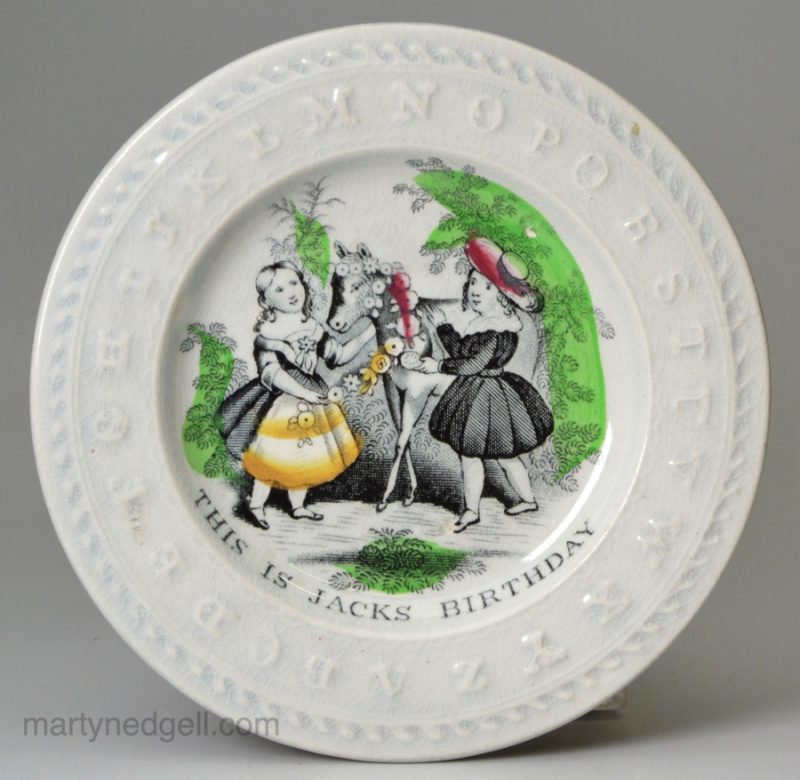 Pearlware pottery child's alphabet plate 'THIS IS JACKS BIRTHDAY', circa 1840