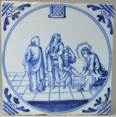 London delft Biblical tile, Christ washing his disciples feet, circa 1750