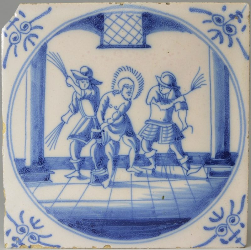 Dutch Delft Biblical tile, Christ being whipped at the column, circa 1750