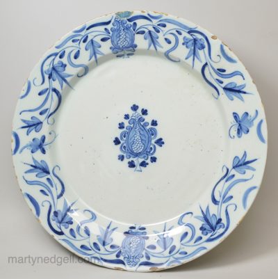 London delft charger decorated with an Isnik style pattern in blue, circa 1760